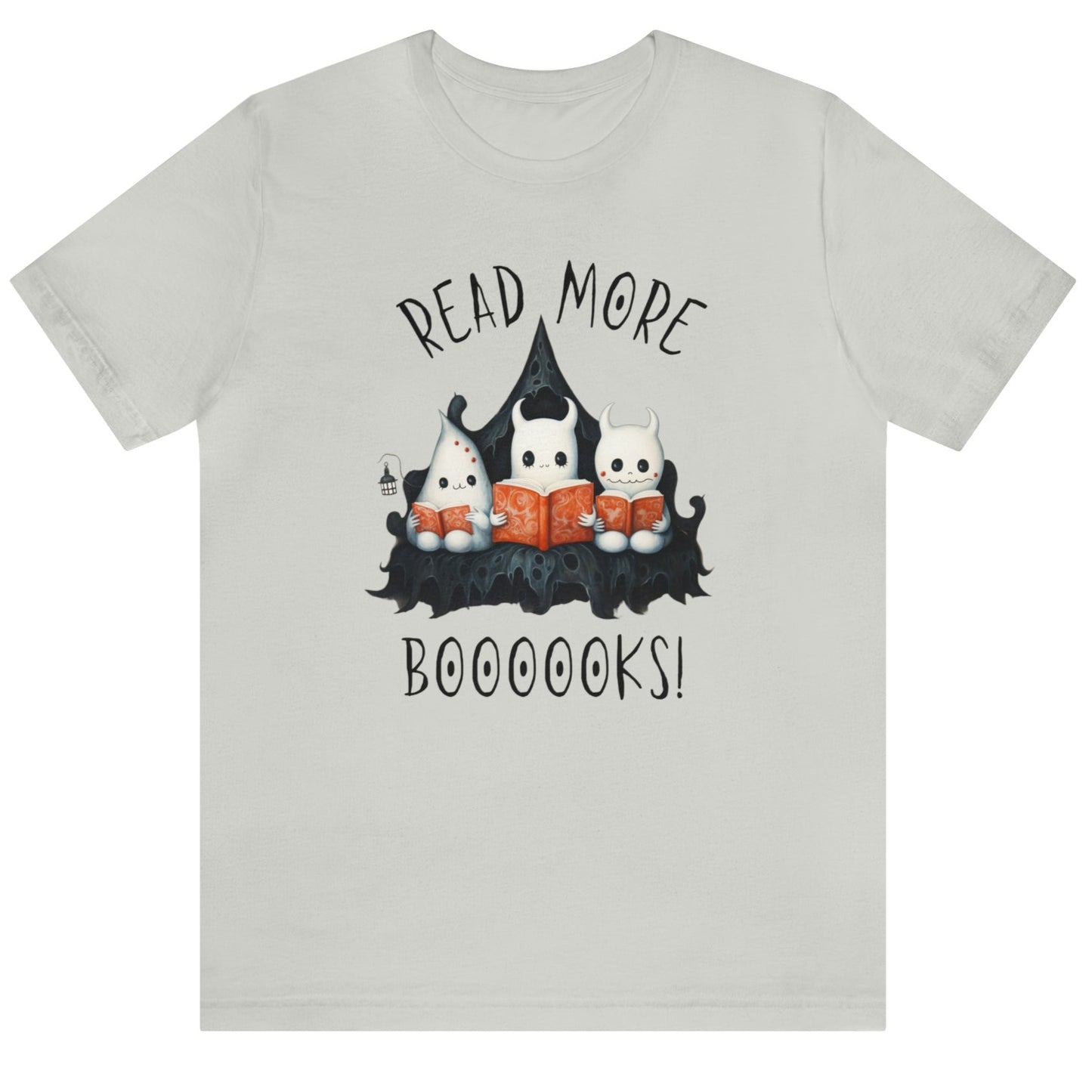 Silver graphic tee showing three ghosts reading books in a spooky scene. Perfect for teachers, librarians, school staff, students, or anyone looking for classroom fun.