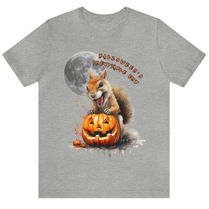 Grey version of our 'Halloween's Inevitable End' Squirrel Feast graphic tee featuring a squirrel feasting on a jack-o'-lantern under the moon. It will bring a smile to anyone who sees it. Wear it Halloween parties or in the aftermath of Halloween.