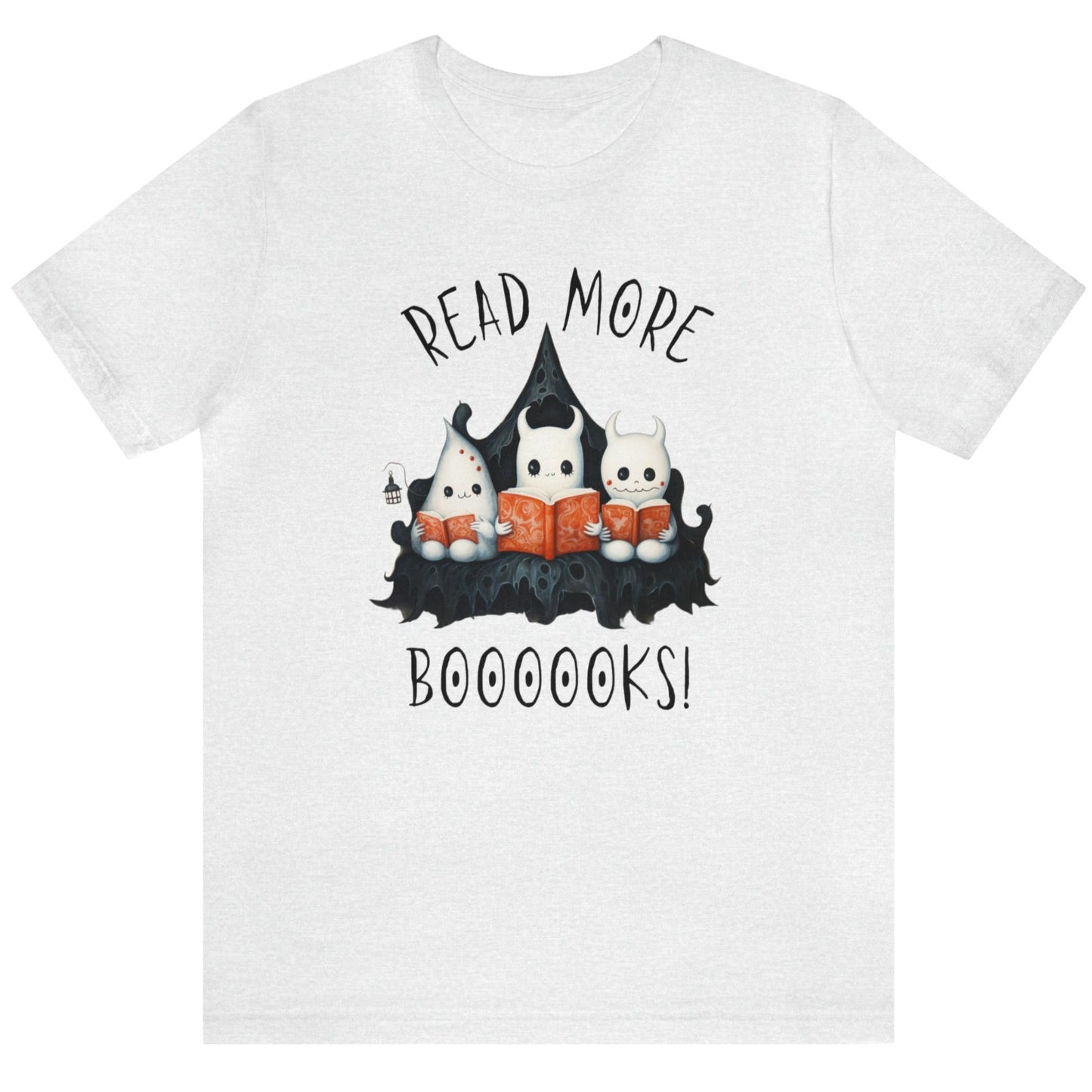 Ash color graphic tee showing three ghosts reading books in a spooky scene. Perfect for teachers, librarians, school staff, students, or anyone looking for classroom fun.