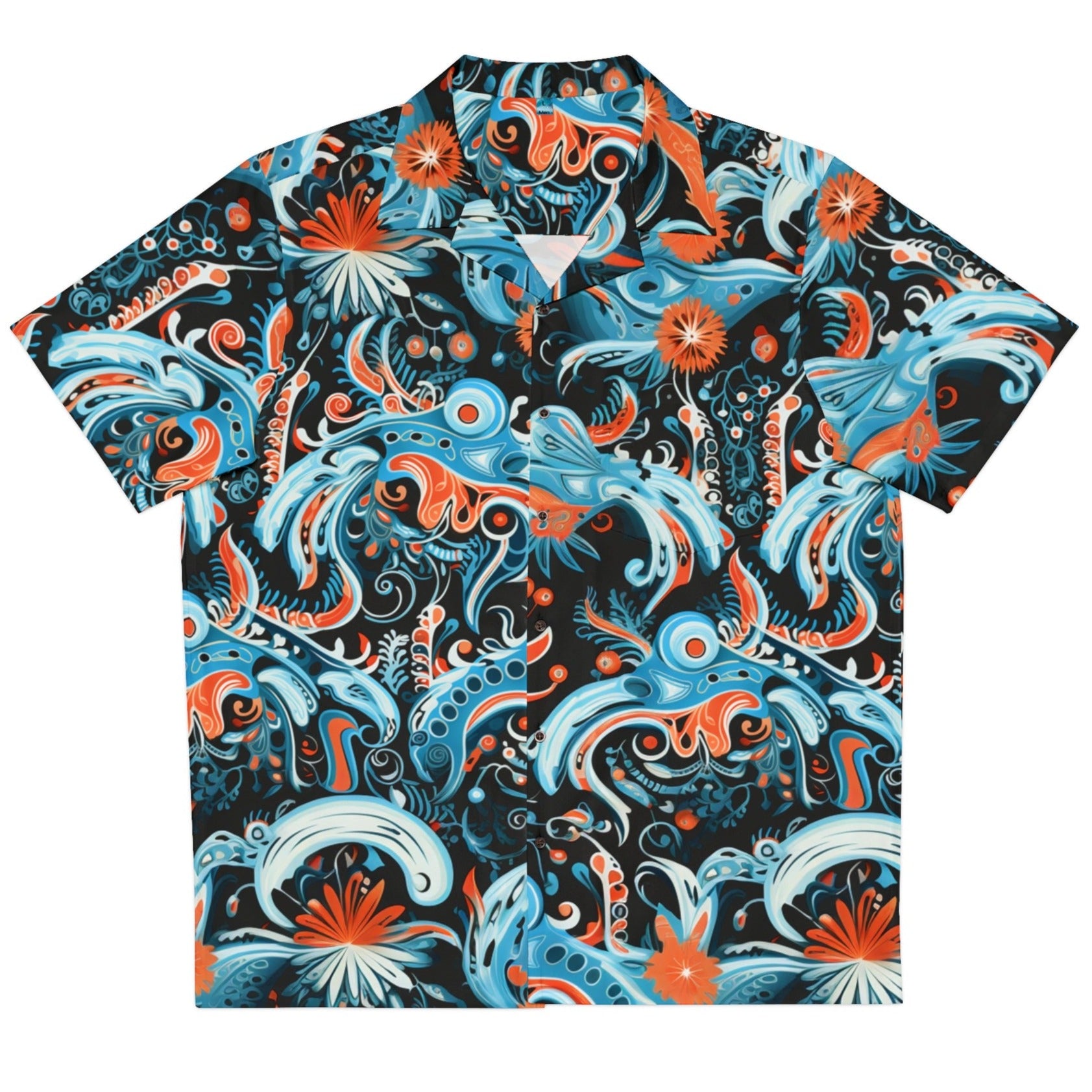 Front view our 'Nordic Bloom' Hawaiian shirt that combines Nordic vibes with a tropical Hawaiian flair! This unique print features a blend of orange and light blue oceanic patterns against a black background.