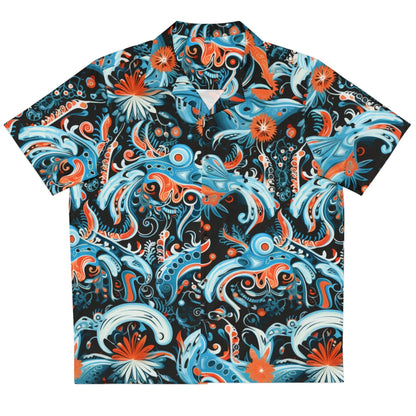 Front view our 'Nordic Bloom' Hawaiian shirt that combines Nordic vibes with a tropical Hawaiian flair! This unique print features a blend of orange and light blue oceanic patterns against a black background.