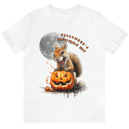 White version of our 'Halloween's Inevitable End' Squirrel Feast graphic tee featuring a squirrel feasting on a jack-o'-lantern under the moon. It will bring a smile to anyone who sees it. Wear it Halloween parties or in the aftermath of Halloween.