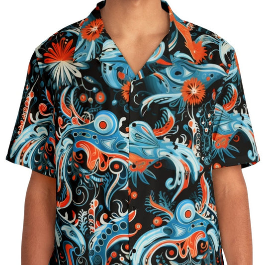 Man in our 'Nordic Bloom' Hawaiian shirt that combines Nordic vibes with a tropical Hawaiian flair! This unique print features a blend of orange and light blue oceanic patterns against a black background.