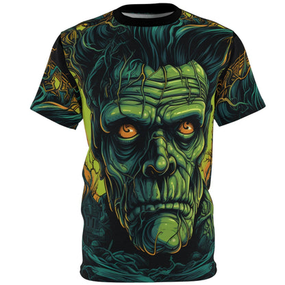 Front view of our Frankenstein 'Electric' all-over-print graphic tee! Frank gets a close-up after jolts of electricity surged through him, illuminating every scar, stitch, and bolt. Perfect for horror lovers, Frankenstein fans, or anyone looking to make a bold statement on Halloween.