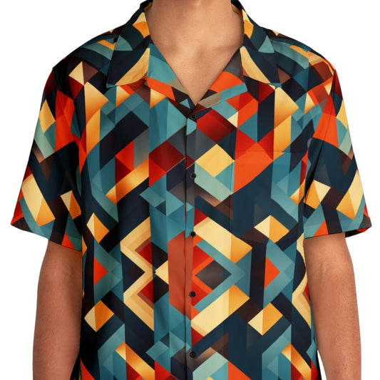 Front view of man in our 'Slanted Spectrum' Hawaiian shirt featuring a striking geometric pattern of angled rectangles in a variety of colors. Perfect Father's Day gift, birthday gift, or holiday gift for sons or dads alike. Grab yours now!