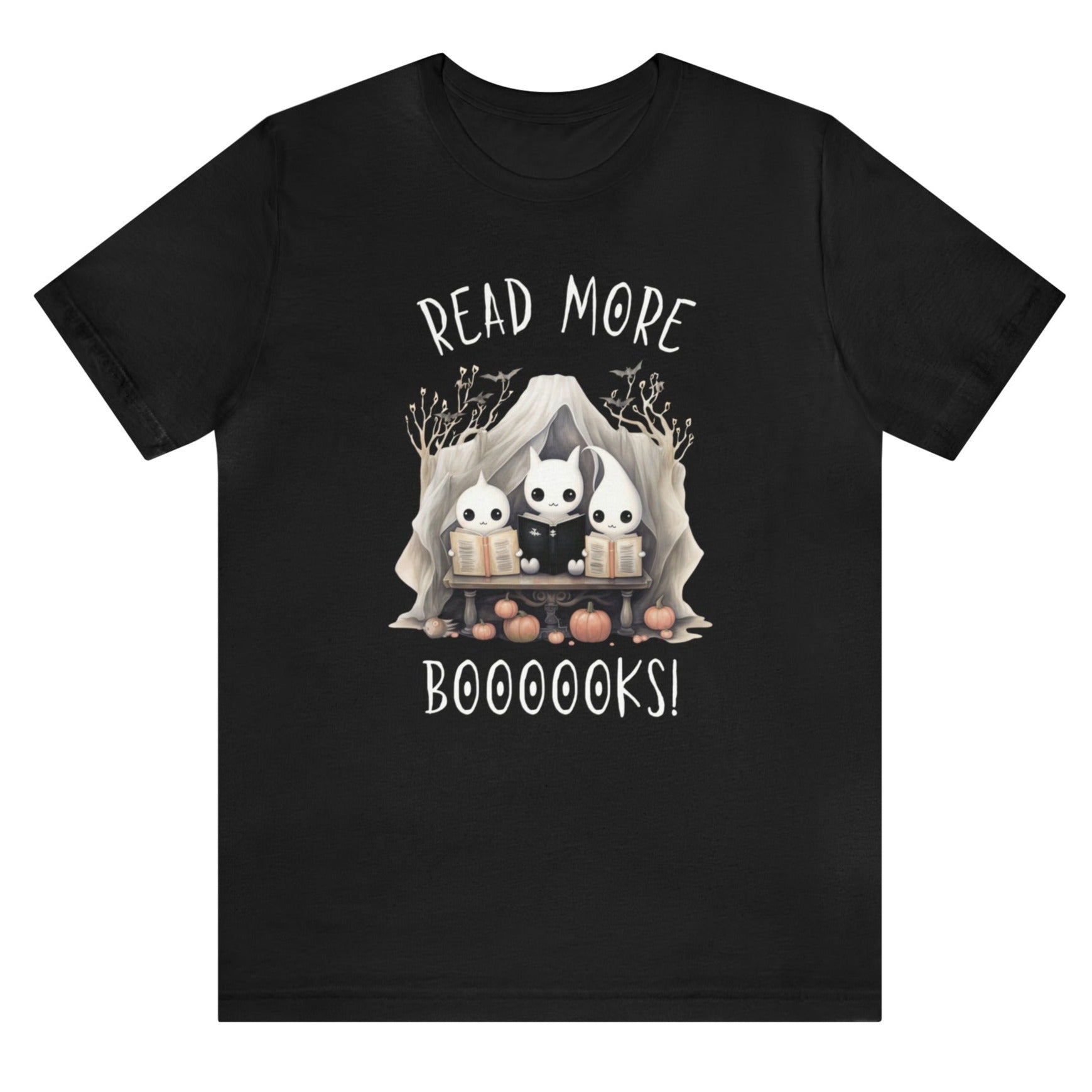 Black Halloween "Read More Boooooks!" tee with a trio of ghosts engrossed in books. Perfect for teachers, librarians, school staff, students, or anyone looking for classroom fun.