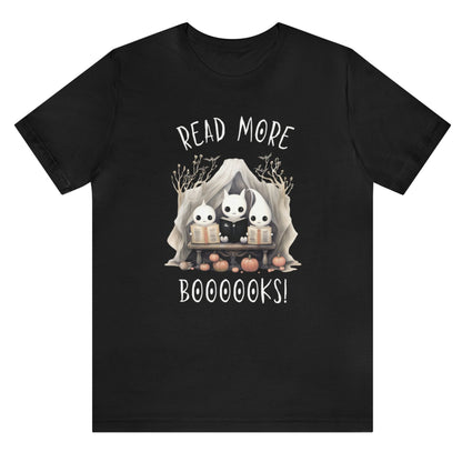 Black Halloween "Read More Boooooks!" tee with a trio of ghosts engrossed in books. Perfect for teachers, librarians, school staff, students, or anyone looking for classroom fun.