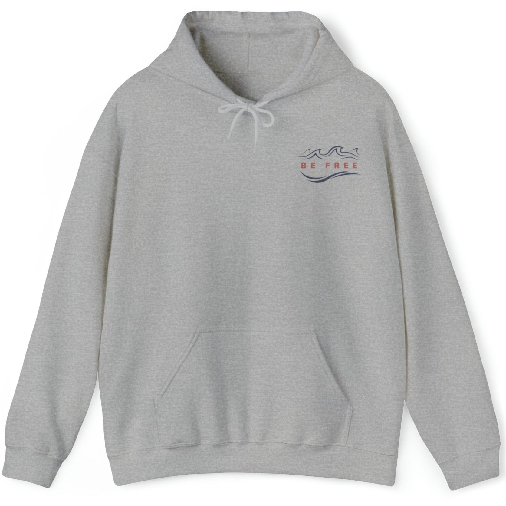 Front view of a grey Hoodie featuring the 'Be Free' logo on the upper right. Perfect casual wear for a cool beach morning, hiking, relaxing, or everyday activities.