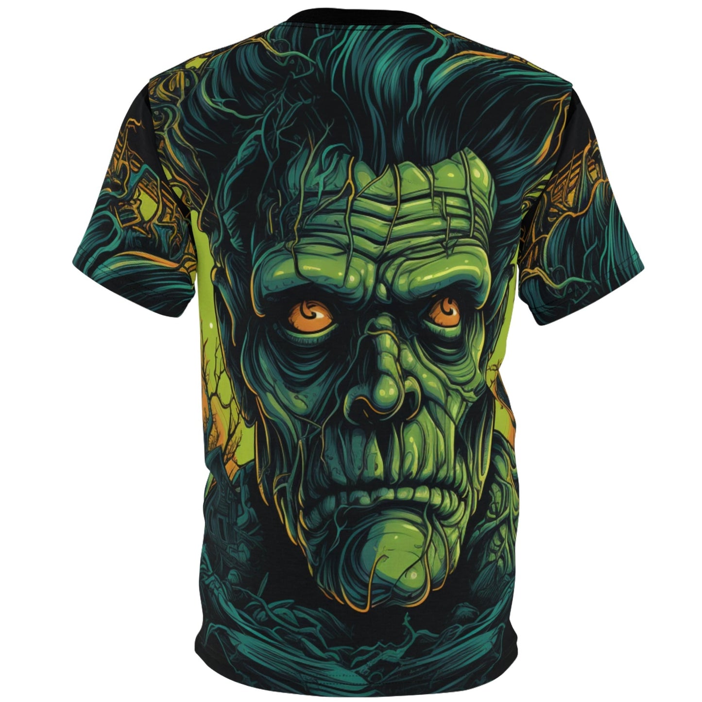 Back view of our Frankenstein 'Electric' all-over-print graphic tee! Frank gets a close-up after jolts of electricity surged through him, illuminating every scar, stitch, and bolt. Perfect for horror lovers, Frankenstein fans, or anyone looking to make a bold statement on Halloween.