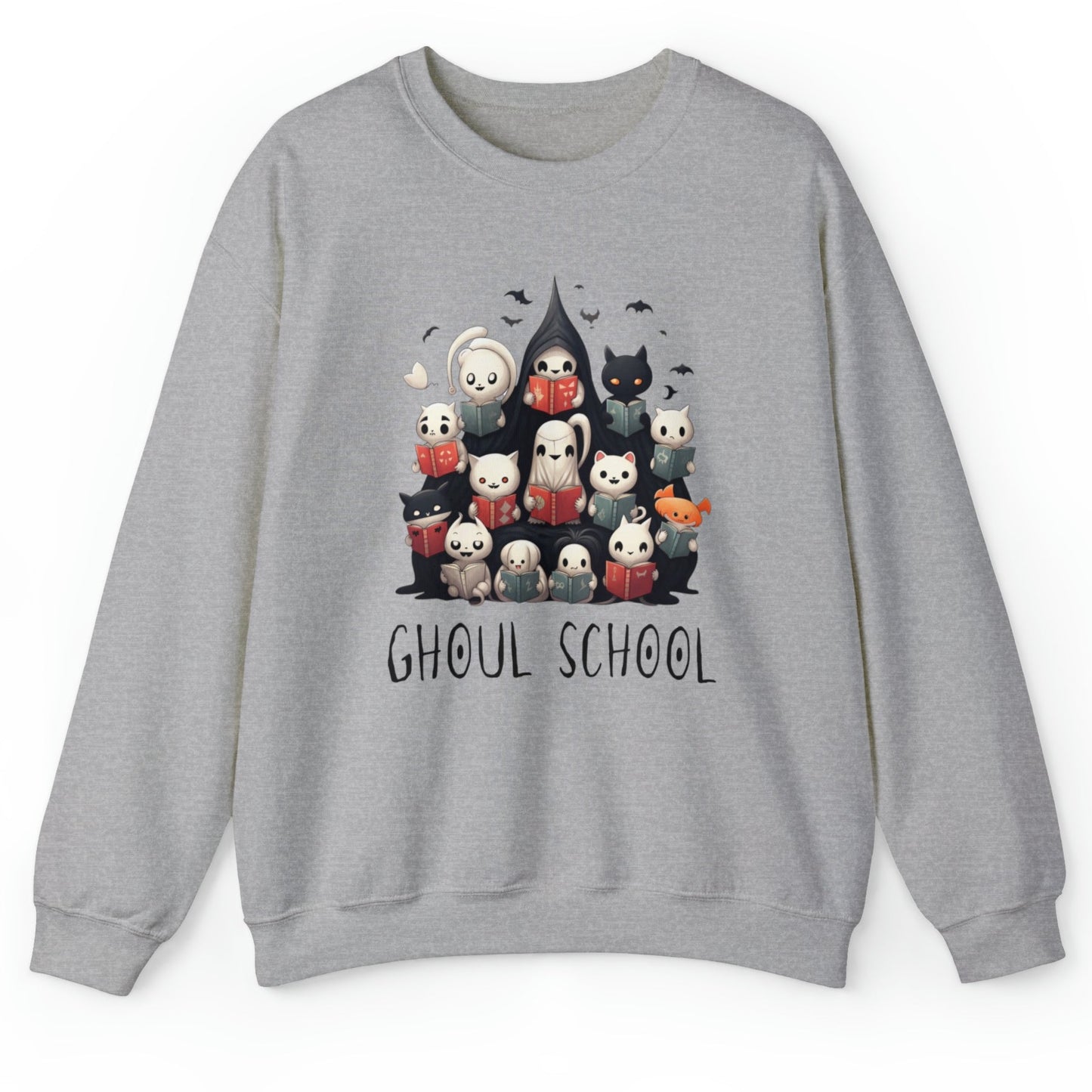 Sport grey Halloween 'Ghoul School' ghost sweatshirt. The graphic showcases a group of cute, stylish ghosts reading books, which creates a spooky classroom scene. The words 'Ghoul School' in a spooky font complete the look. Perfect for teachers, librarians, educators, students, and ghost lovers.