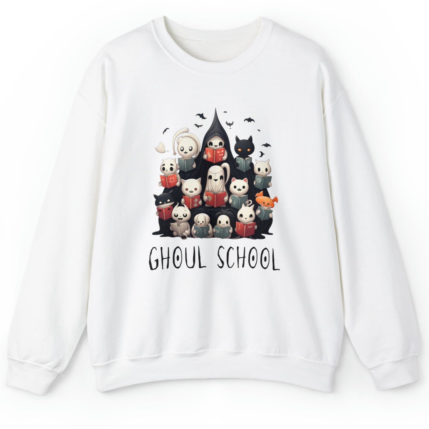 White Halloween 'Ghoul School' ghost sweatshirt. The graphic showcases a group of cute, stylish ghosts reading books, which creates a spooky classroom scene. The words 'Ghoul School' in a spooky font complete the look. Perfect for teachers, librarians, educators, students, and ghost lovers.