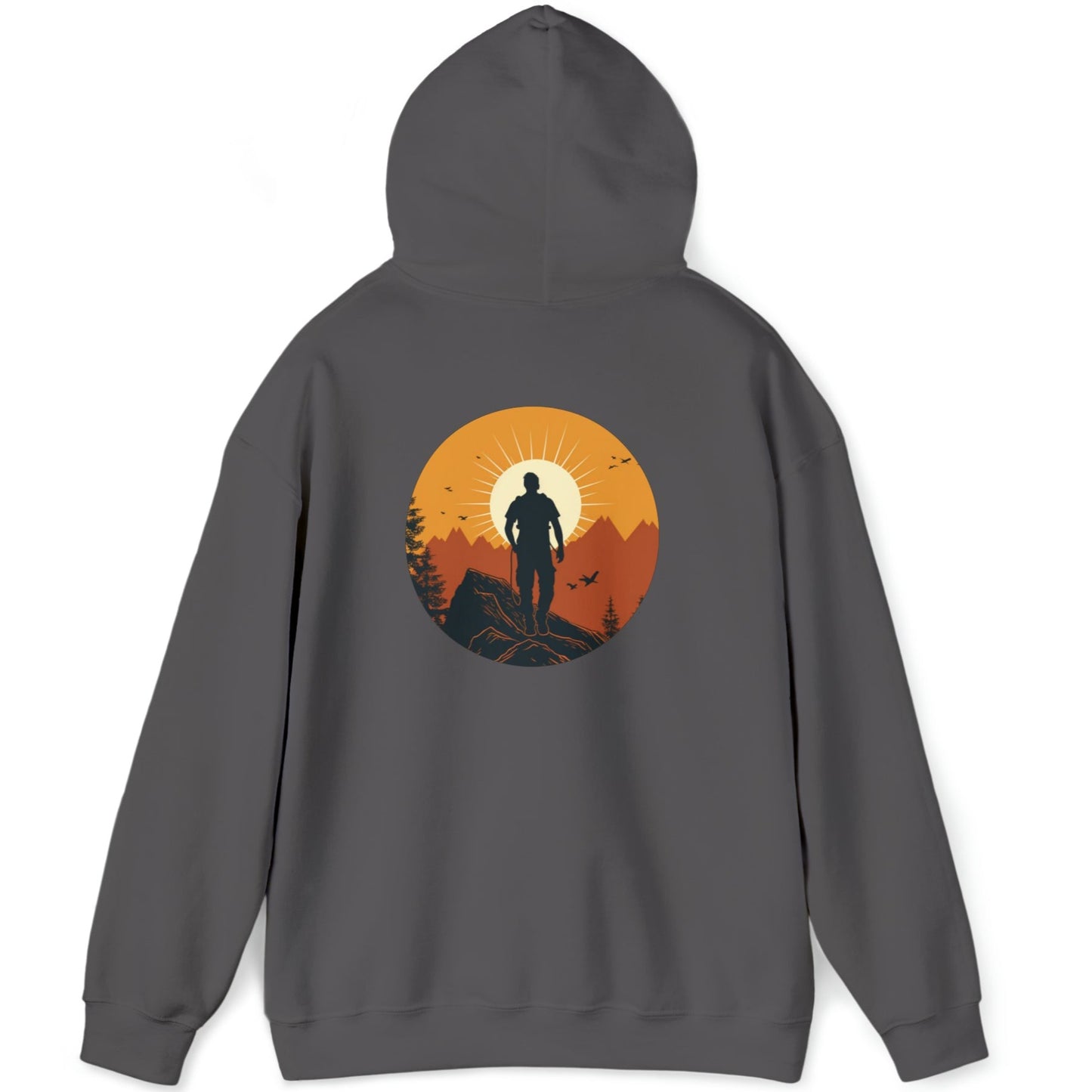 Dark Grey hoodie full back graphic that shows a mountain climber in silhouette staring at a mountain range at sunrise that's covered in an orange haze from the sun.