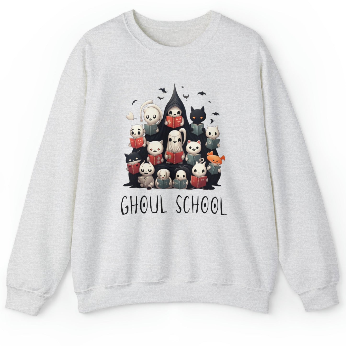 Ash color Halloween 'Ghoul School' ghost sweatshirt. The graphic showcases a group of cute, stylish ghosts reading books, which creates a spooky classroom scene. The words 'Ghoul School' in a spooky font complete the look. Perfect for teachers, librarians, educators, students, and ghost lovers.