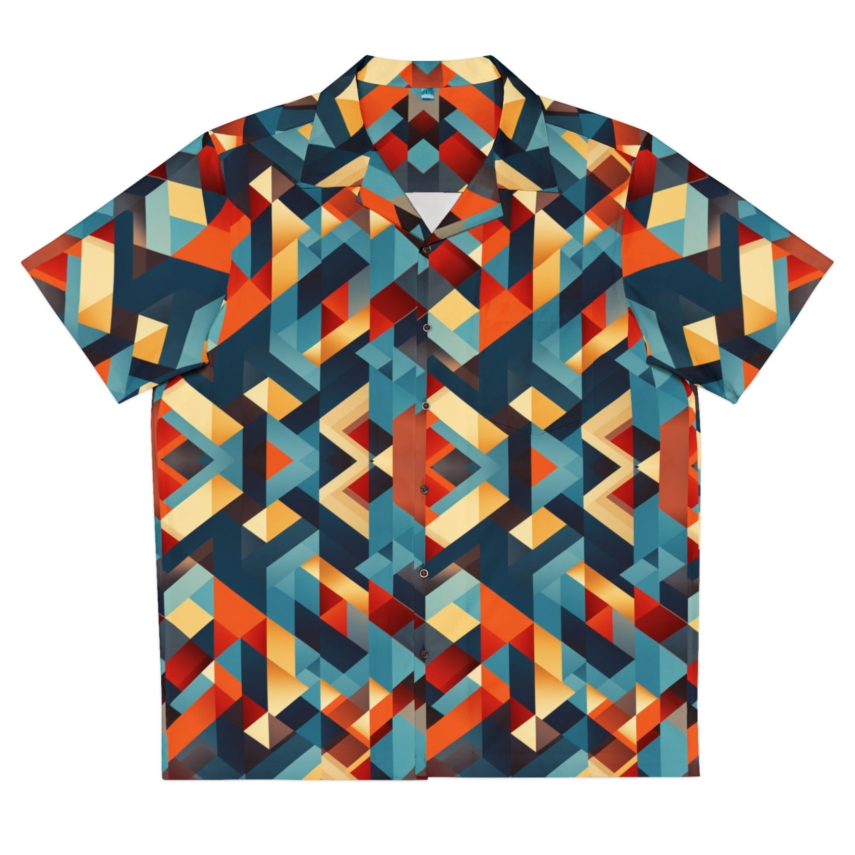 Front view of our 'Slanted Spectrum' Hawaiian shirt featuring a striking geometric pattern of angled rectangles in a variety of colors. Perfect Father's Day gift, birthday gift, or holiday gift for sons or dads alike. Grab yours now!