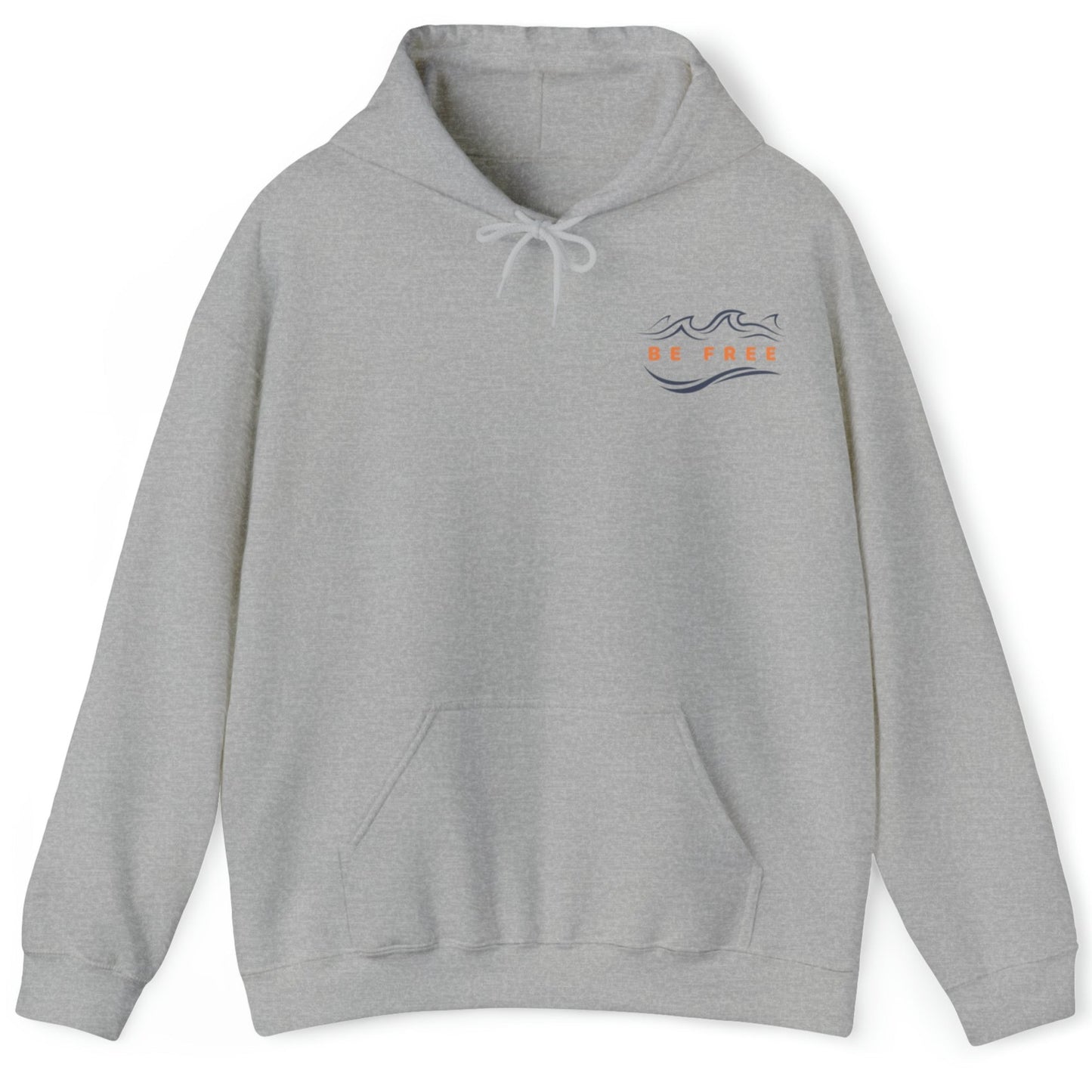 Grey 'Be Free' Ocean Waves Hoodie showing the front logo with an ocean wave above the words 'Be Free' in an orange hue that matches the hoodie's full back graphic.