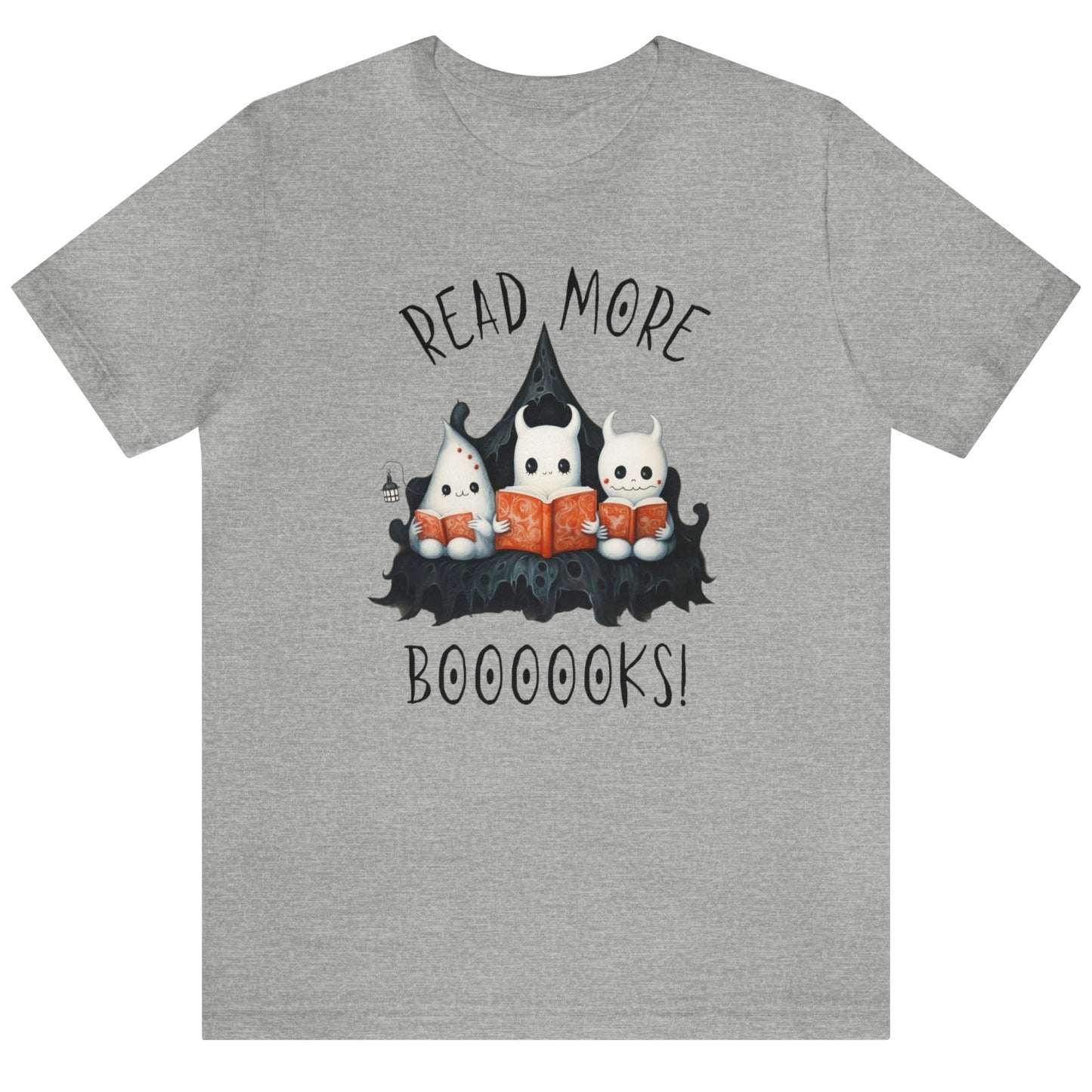 Grey graphic tee showing three ghosts reading books in a spooky scene. Perfect for teachers, librarians, school staff, students, or anyone looking for classroom fun.