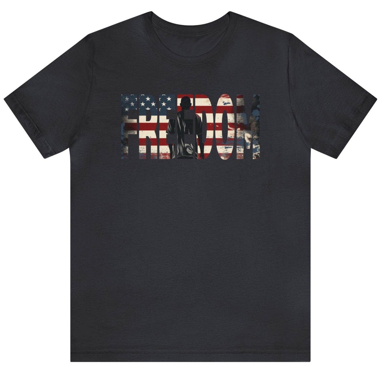 Dark grey Freedom USA Flag tee, which embodies the spirit of liberty and individualism. An American flag is outlined in the word 'Freedom' with a young man in silhouette gazing toward the stars and stripes, his back turned in reverence.