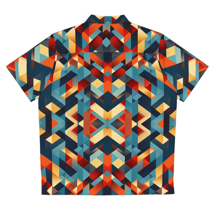 Back view of man in our 'Slanted Spectrum' Hawaiian shirt featuring a striking geometric pattern of angled rectangles in a variety of colors. Perfect Father's Day gift, birthday gift, or holiday gift for sons or dads alike. Grab yours now!