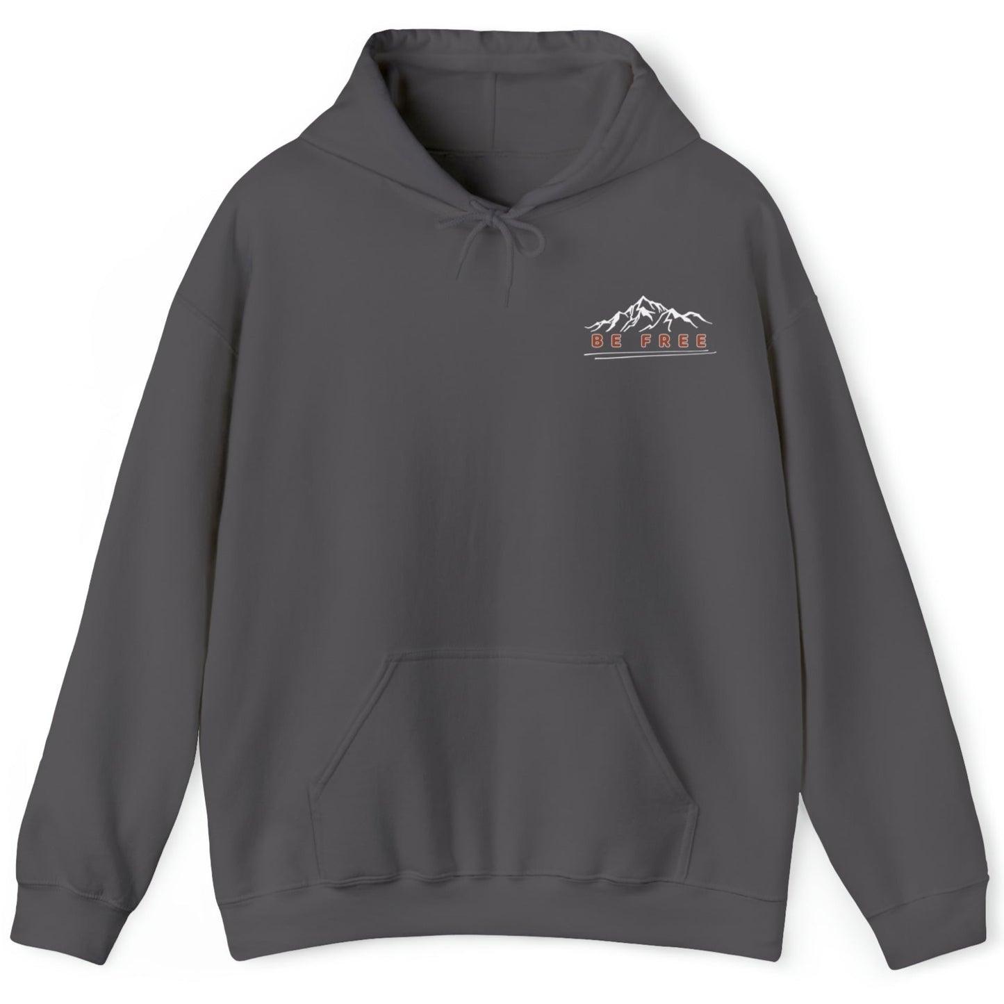 Dark Grey hoodie with a front logo that shows the top of a mountain range with the words "Be Free" underneath as a reminder to embrace your uniqueness.