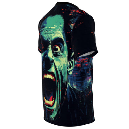 Side view of a Halloween 'Terror' All Over Print Graphic T-shirt featuring a vampire with red eyes, wide and unyielding, and mouth open, hinting at unspeakable horrors.