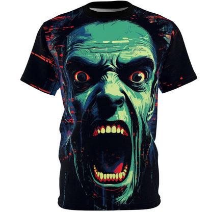 Front view of a Halloween 'Terror' All Over Print Graphic T-shirt featuring a vampire with red eyes, wide and unyielding, and mouth open, hinting at unspeakable horrors.