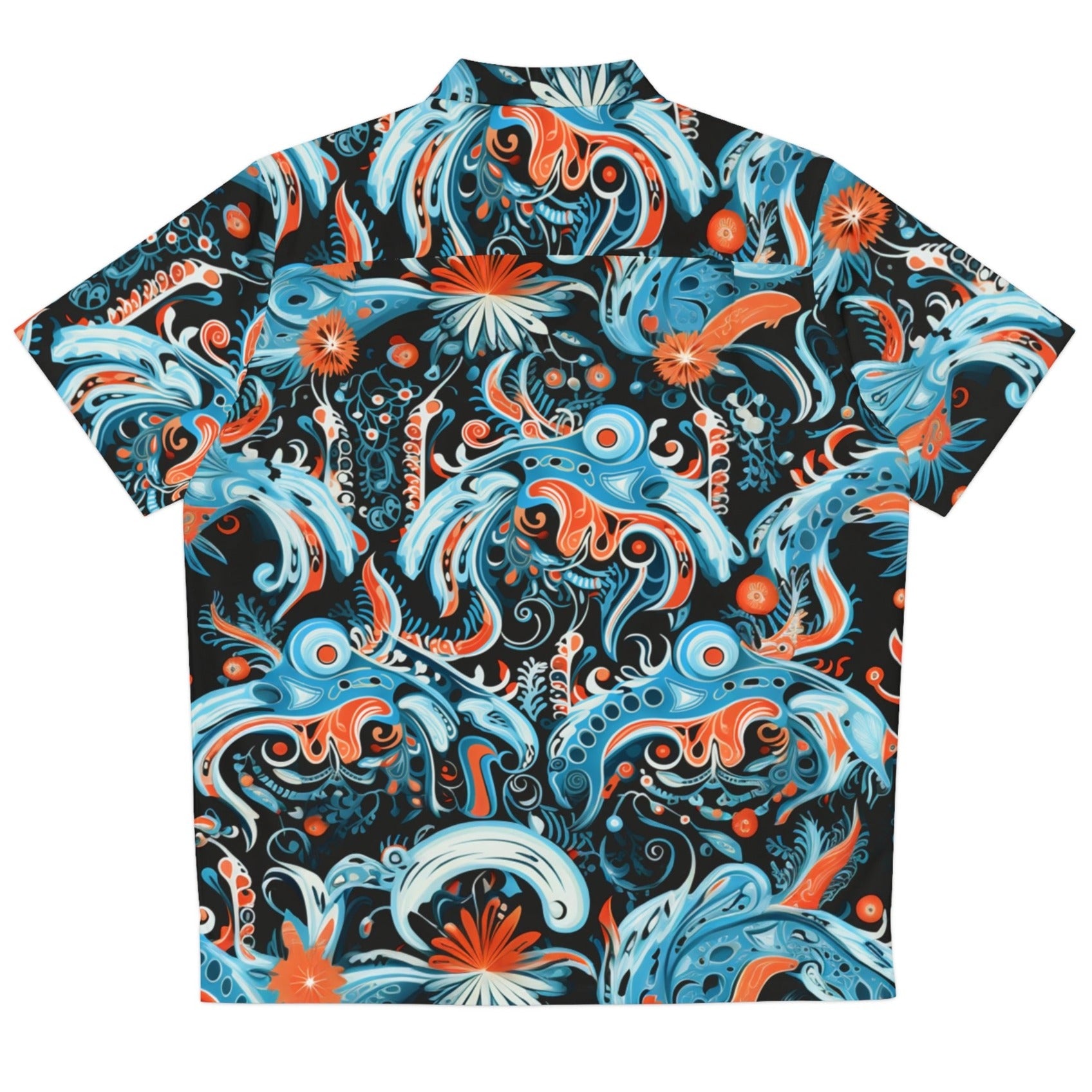 Back view of our 'Nordic Bloom' Hawaiian shirt that combines Nordic vibes with a tropical Hawaiian flair! This unique print features a blend of orange and light blue oceanic patterns against a black background.