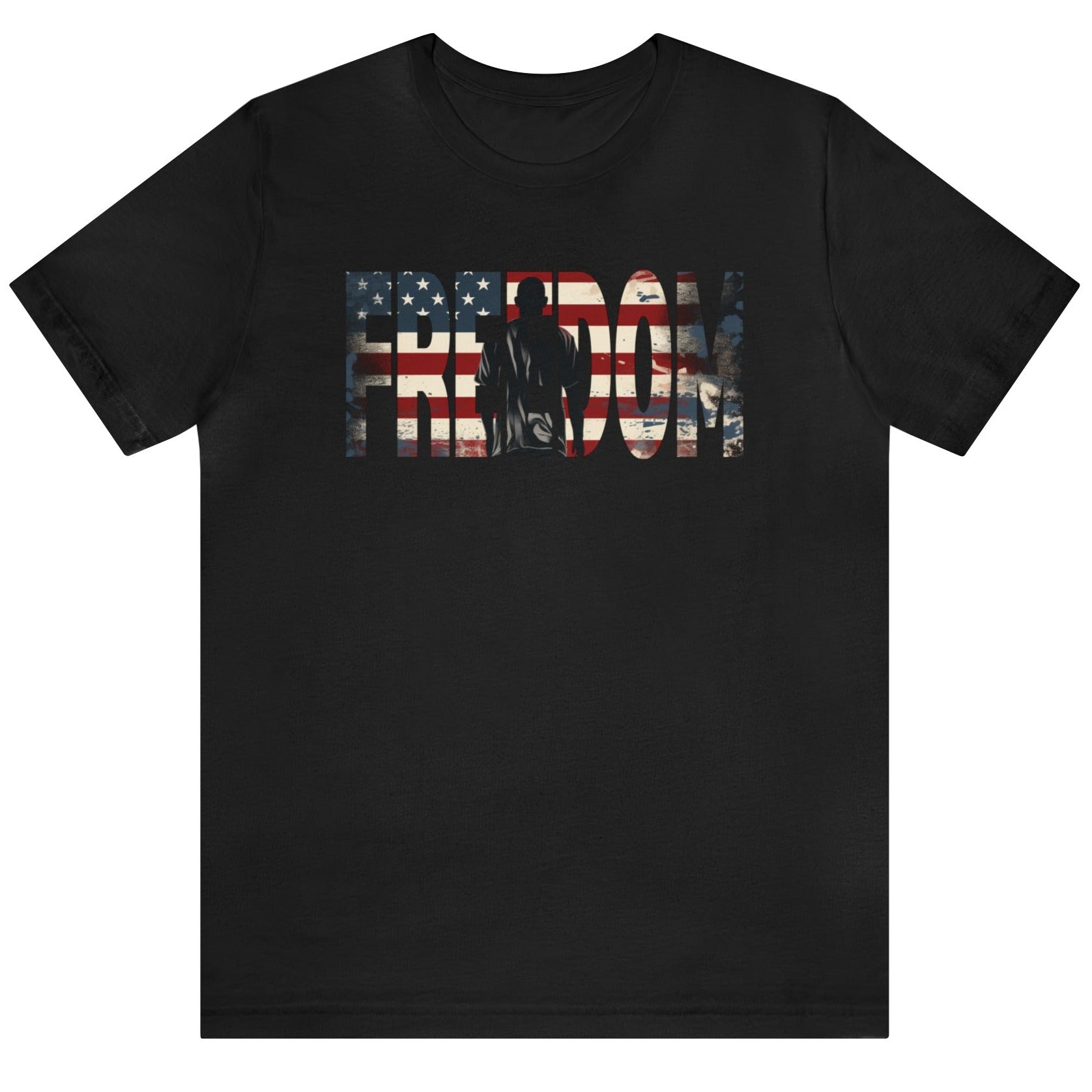 Black Freedom USA Flag tee, which embodies the spirit of liberty and individualism. An American flag is outlined in the word 'Freedom' with a young man in silhouette gazing toward the stars and stripes, his back turned in reverence.