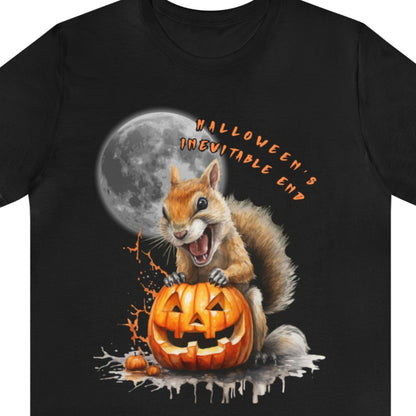 Black version of our 'Halloween's Inevitable End' Squirrel Feast graphic tee featuring a squirrel feasting on a jack-o'-lantern under the moon. It will bring a smile to anyone who sees it. Wear it Halloween parties or in the aftermath of Halloween.