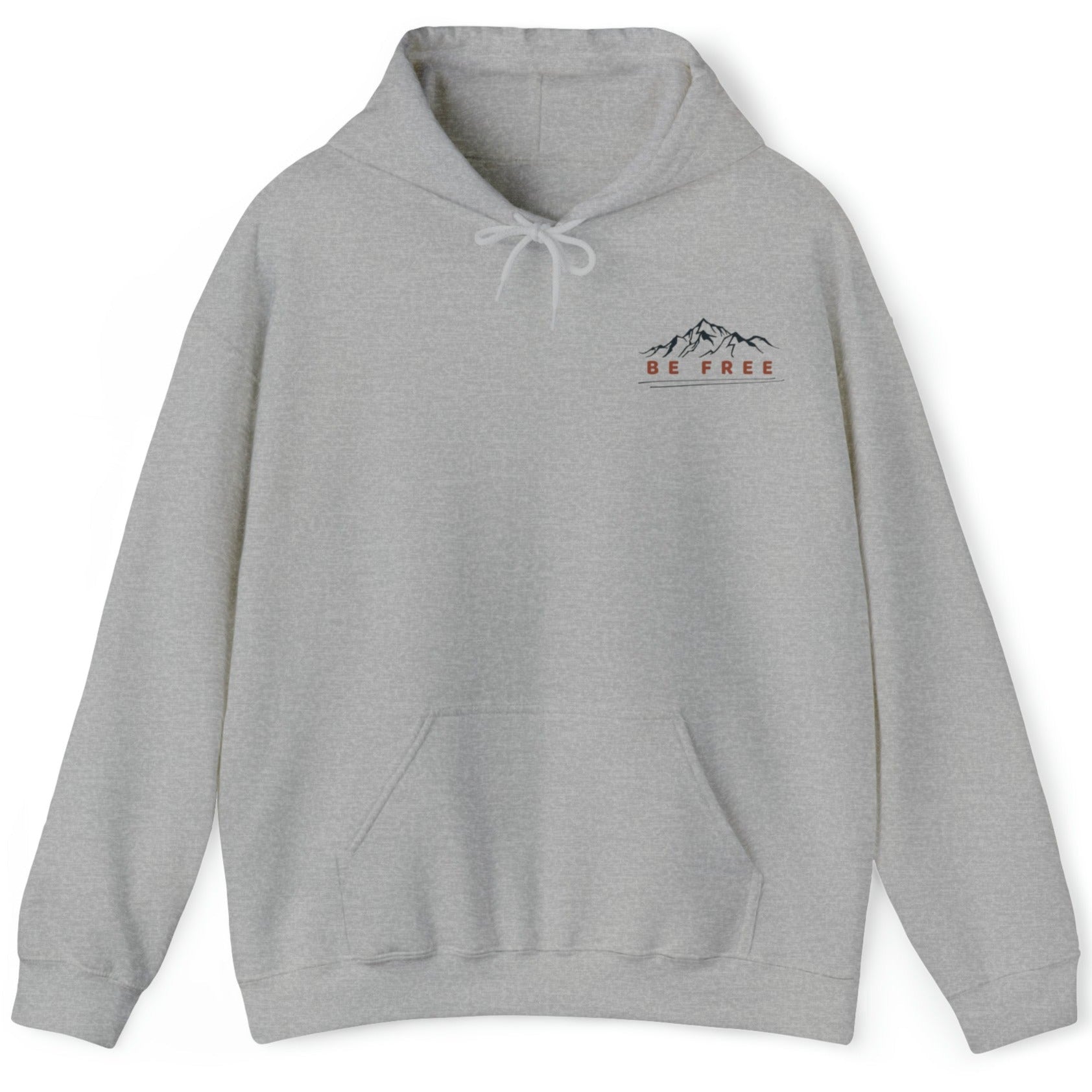 Grey hoodie with a front logo that shows the top of a mountain range with the words "Be Free" underneath as a reminder to embrace your uniqueness.