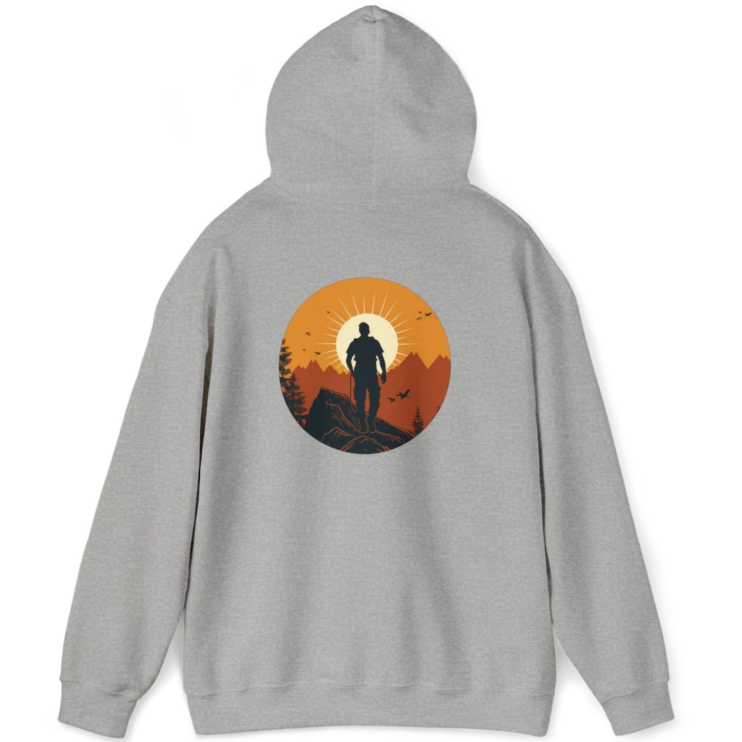 Grey hoodie full back graphic that shows a mountain climber in silhouette staring at a mountain range at sunrise that's covered in an orange haze from the sun.