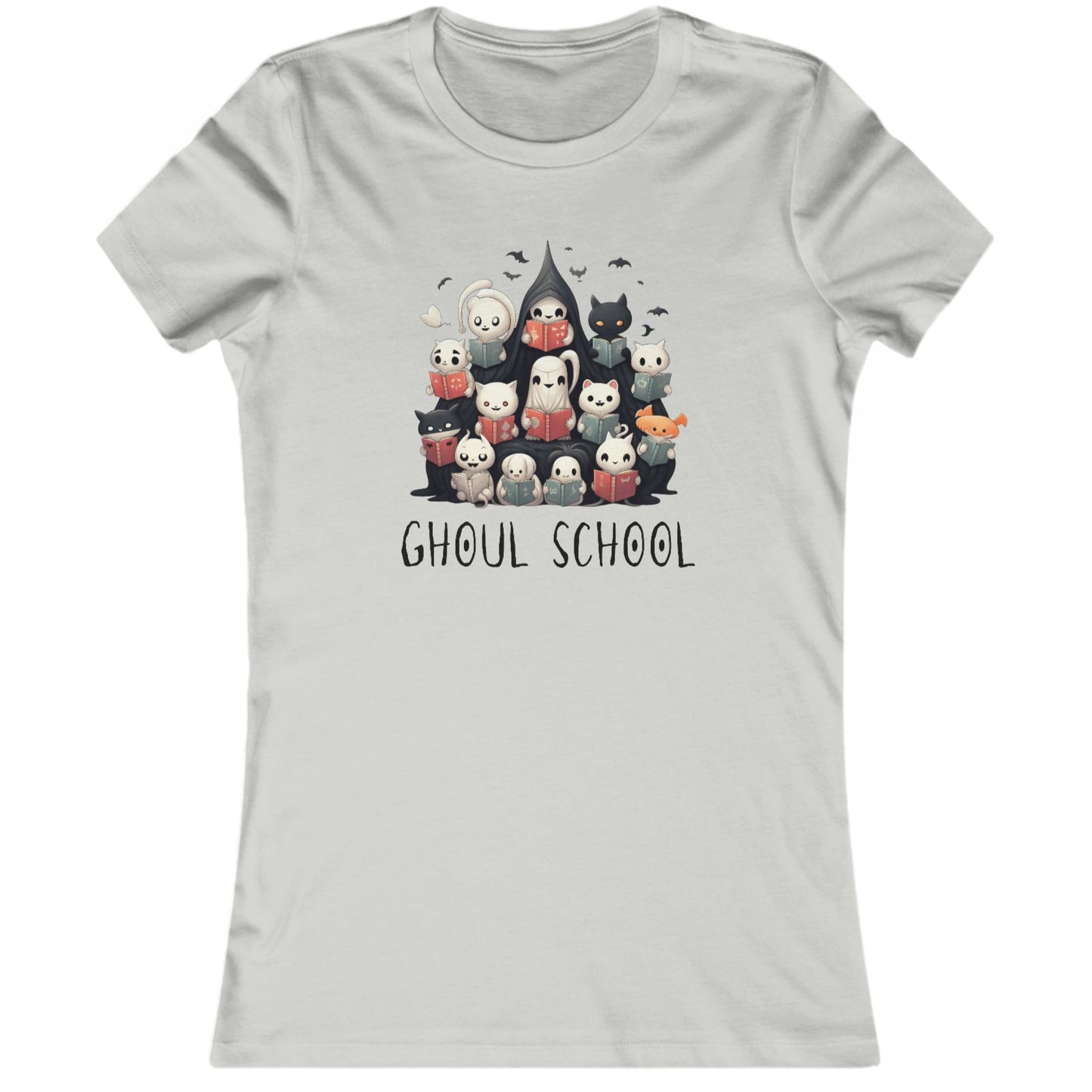 Grey Women's Halloween 'Ghoul School' ghost t-shirt featuring a full graphic with cute ghosts reading books to create a spooky classroom scene. The caption 'Ghoul School' appears in spooky font. Unique t-shirt perfect for teachers, librarians, students, or anyone wanting to show off their Halloween school spirit.