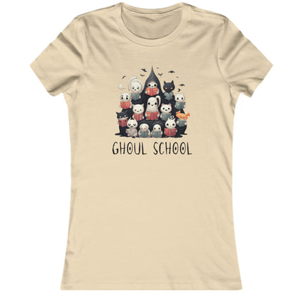 Sand colored Women's Halloween 'Ghoul School' ghost t-shirt featuring a full graphic with cute ghosts reading books to create a spooky classroom scene. The caption 'Ghoul School' appears in spooky font. Unique t-shirt perfect for teachers, librarians, students, or anyone wanting to show off their Halloween school spirit.