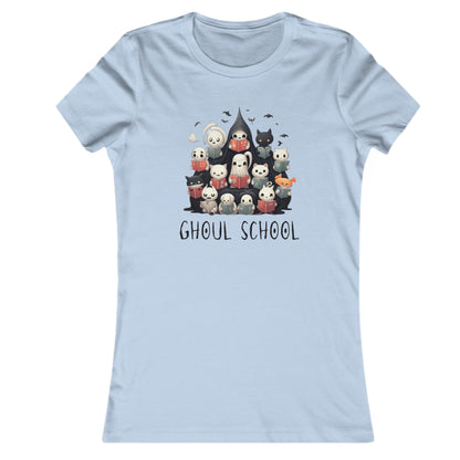 Light blue Women's Halloween 'Ghoul School' ghost t-shirt featuring a full graphic with cute ghosts reading books to create a spooky classroom scene. The caption 'Ghoul School' appears in spooky font. Unique t-shirt perfect for teachers, librarians, students, or anyone wanting to show off their Halloween school spirit.