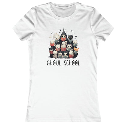 White Women's Halloween 'Ghoul School' ghost t-shirt featuring a full graphic with cute ghosts reading books to create a spooky classroom scene. The caption 'Ghoul School' appears in spooky font. Unique t-shirt perfect for teachers, librarians, students, or anyone wanting to show off their Halloween school spirit.