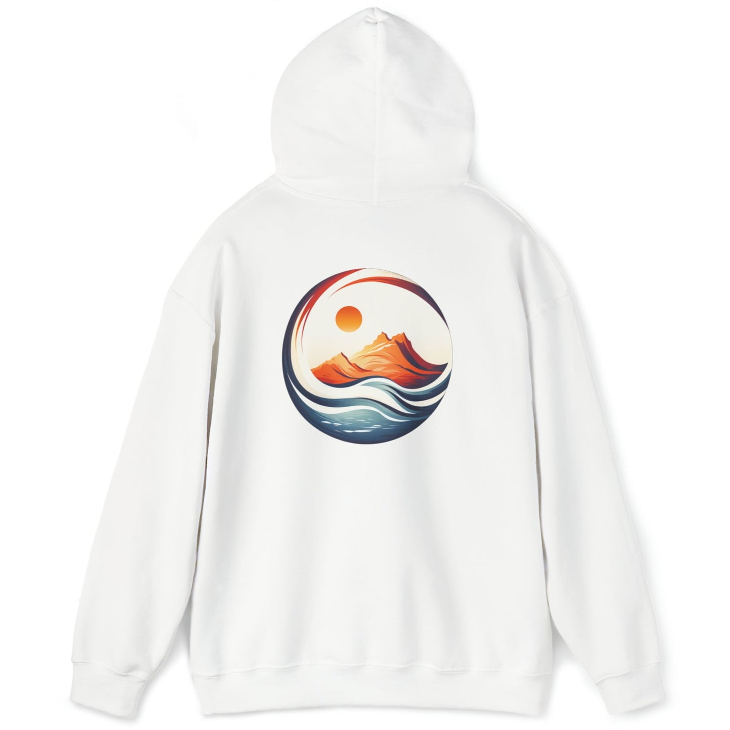 White 'Be Free' Ocean Waves Hoodie showing a full back graphic of ocean waves around a mountain glowing in the sun.