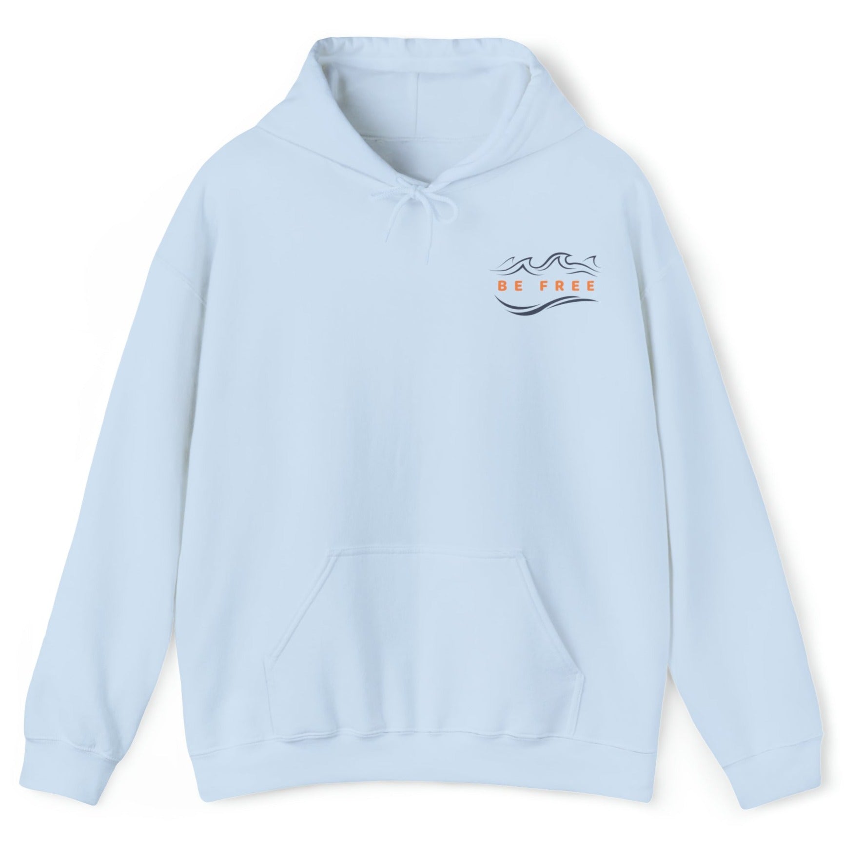 Light blue 'Be Free' Ocean Waves Hoodie showing the front logo with an ocean wave above the words 'Be Free' in an orange hue that matches the hoodie's full back graphic.