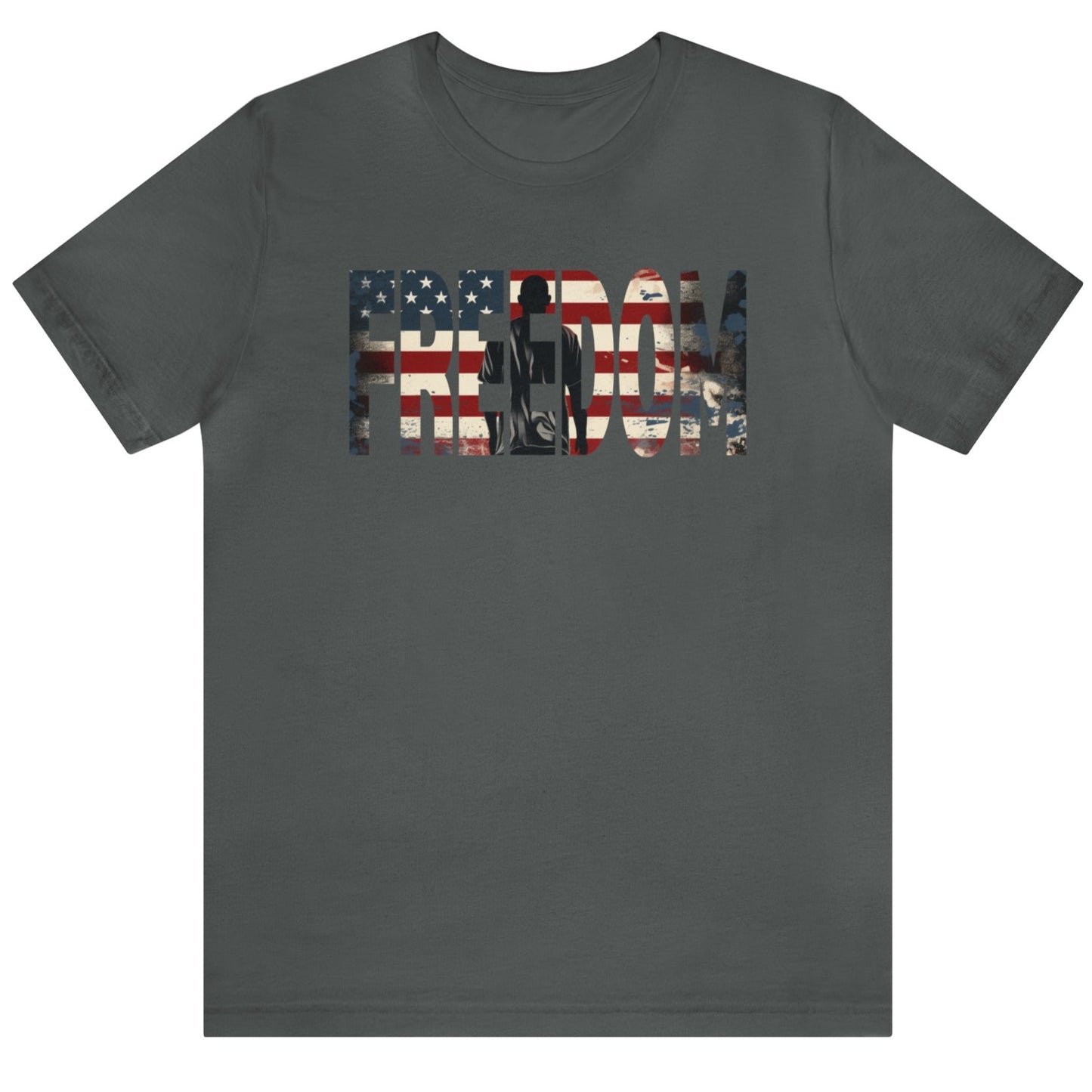 Asphalt Freedom USA Flag tee, which embodies the spirit of liberty and individualism. An American flag is outlined in the word 'Freedom' with a young man in silhouette gazing toward the stars and stripes, his back turned in reverence.