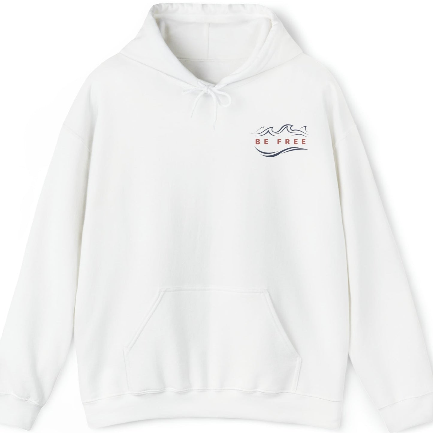 Front view of a white Hoodie featuring the 'Be Free' logo on the upper right. Perfect casual wear for a cool beach morning, hiking, relaxing, or everyday activities.