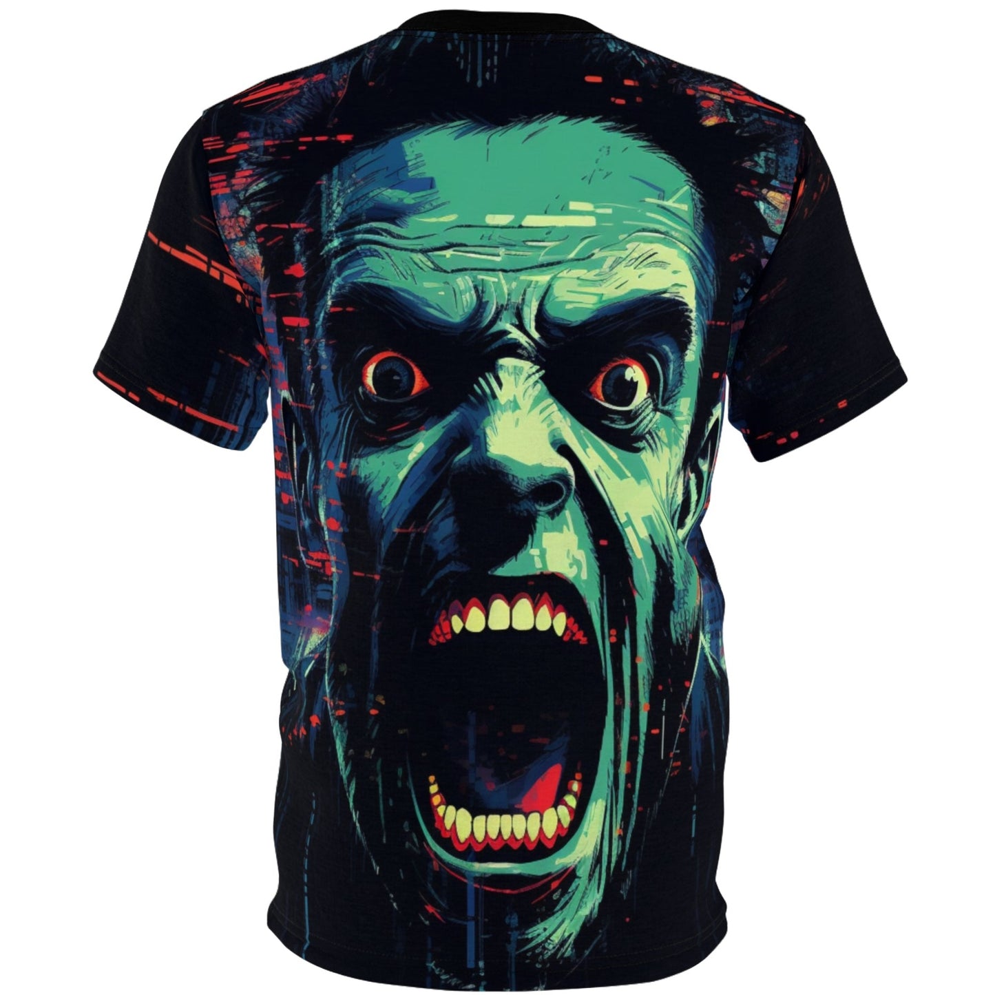 Back view of a Halloween 'Terror' All Over Print Graphic T-shirt featuring a vampire with red eyes, wide and unyielding, and mouth open, hinting at unspeakable horrors.