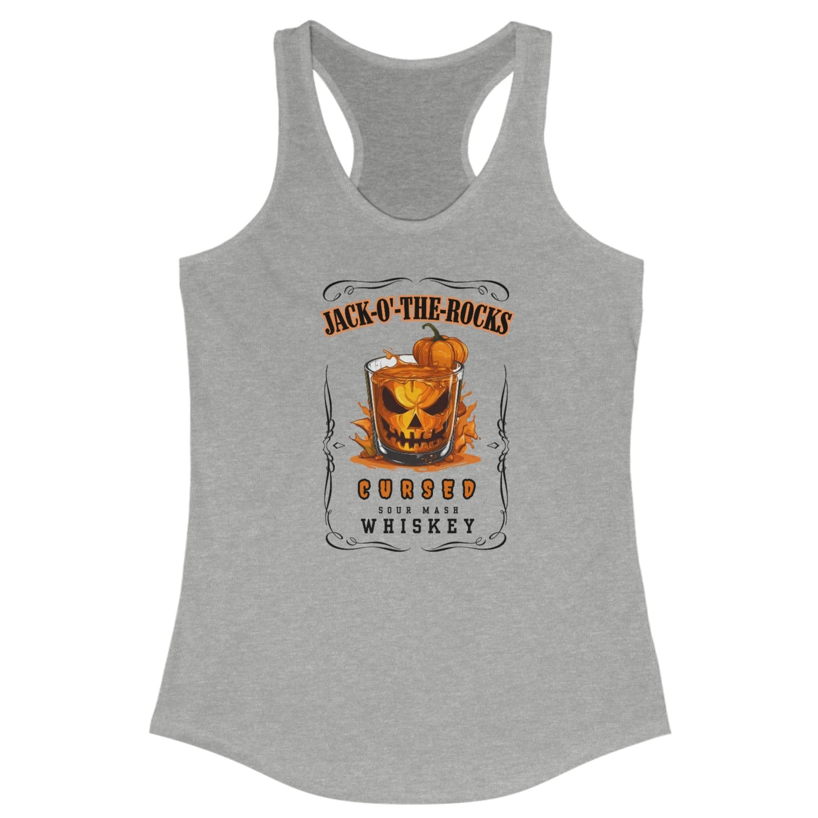 Grey Halloween Jack Whiskey Label Tank with Jack-o-the-Rocks title over a jack-o-lantern submerged in a lowball glass with filled with whiskey. The bottom of the label reads "Cursed Sour Mash Whiskey."