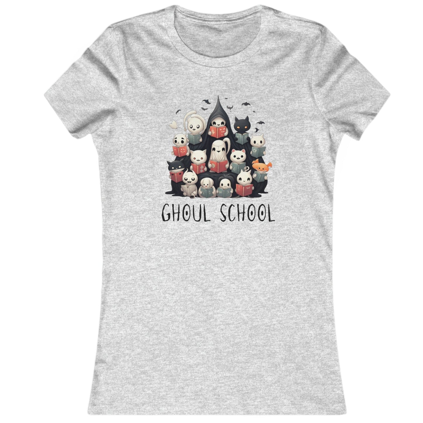 Grey heather Women's Halloween 'Ghoul School' ghost t-shirt featuring a full graphic with cute ghosts reading books to create a spooky classroom scene. The caption 'Ghoul School' appears in spooky font. Unique t-shirt perfect for teachers, librarians, students, or anyone wanting to show off their Halloween school spirit.