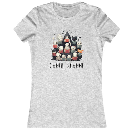 Grey heather Women's Halloween 'Ghoul School' ghost t-shirt featuring a full graphic with cute ghosts reading books to create a spooky classroom scene. The caption 'Ghoul School' appears in spooky font. Unique t-shirt perfect for teachers, librarians, students, or anyone wanting to show off their Halloween school spirit.