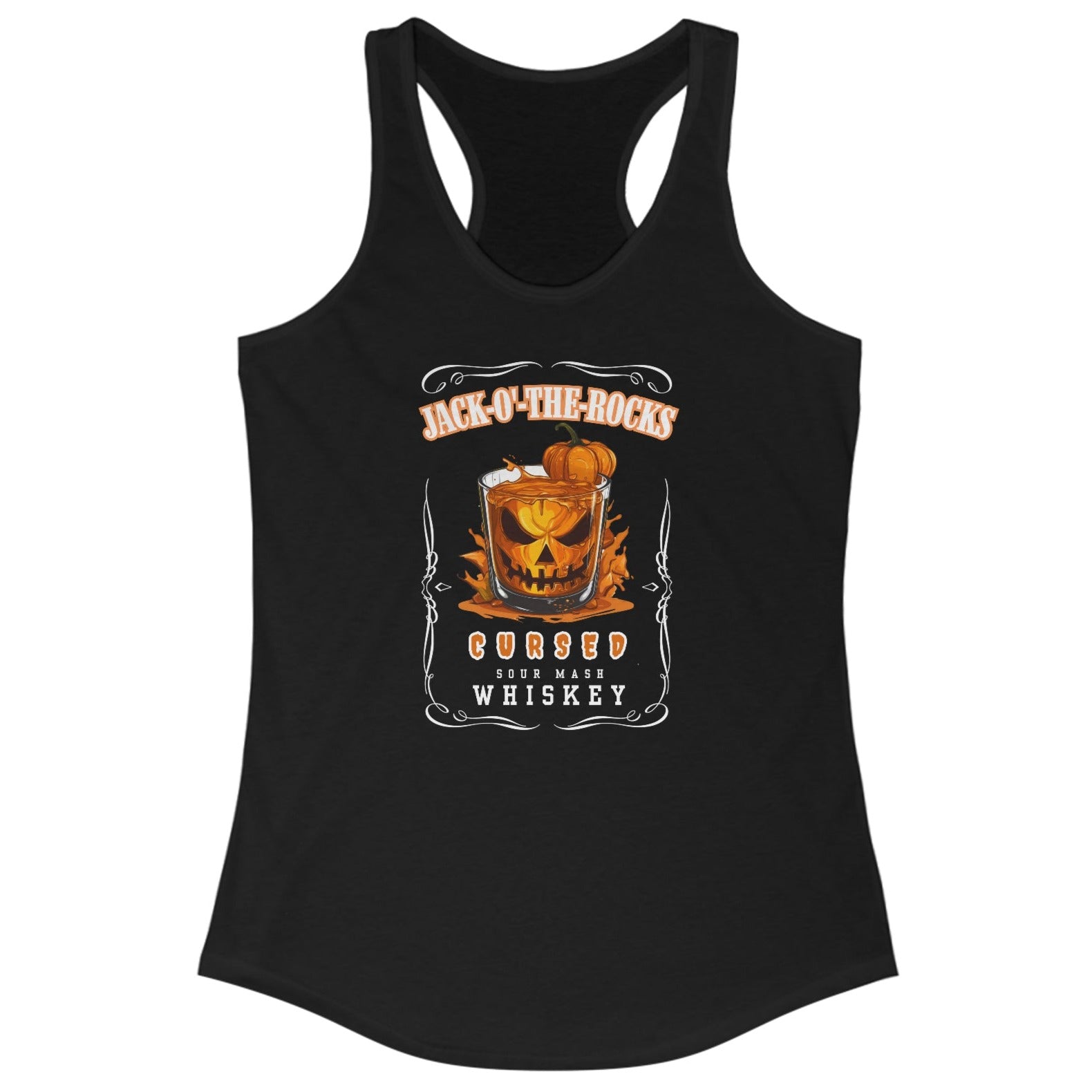 Black Halloween Jack Whiskey Label Tank with Jack-o-the-Rocks title over a jack-o-lantern submerged in a lowball glass with filled with whiskey. The bottom of the label reads "Cursed Sour Mash Whiskey."