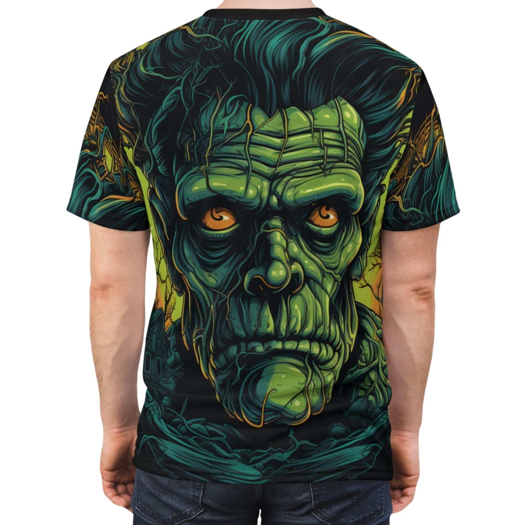 Back view of man wearing our Frankenstein 'Electric' all-over-print graphic tee! Frank gets a close-up after jolts of electricity surged through him, illuminating every scar, stitch, and bolt. Perfect for horror lovers, Frankenstein fans, or anyone looking to make a bold statement on Halloween.