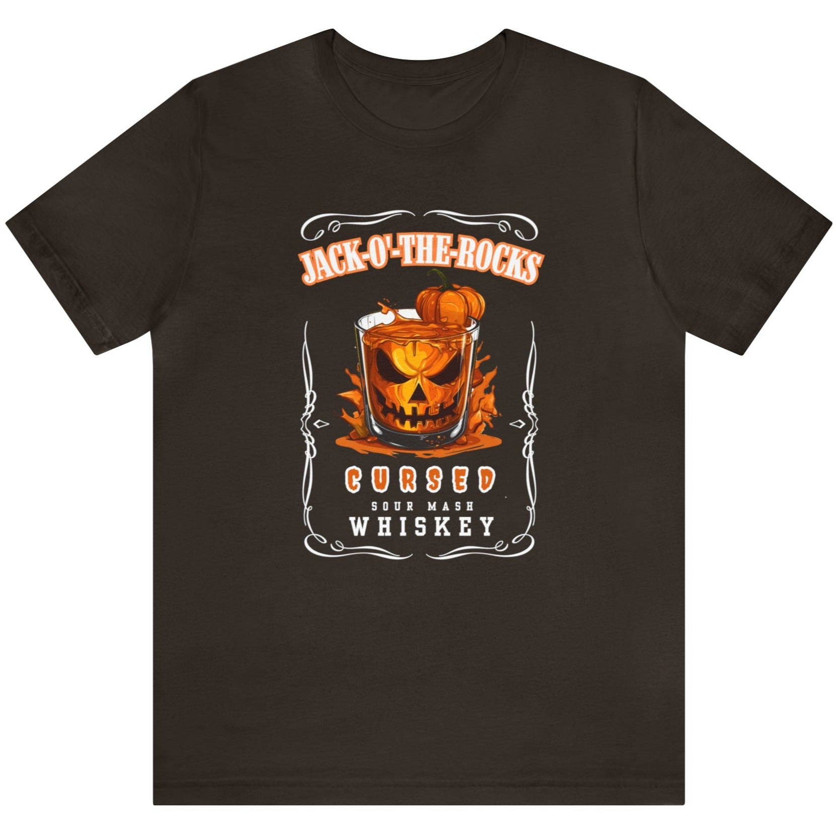 Brown Halloween Jack Whiskey Label Tshirt with Jack-o-the-Rocks title over a jack-o-lantern submerged in a lowball glass with filled with whiskey. The bottom of the label reads "Cursed Sour Mash Whiskey."