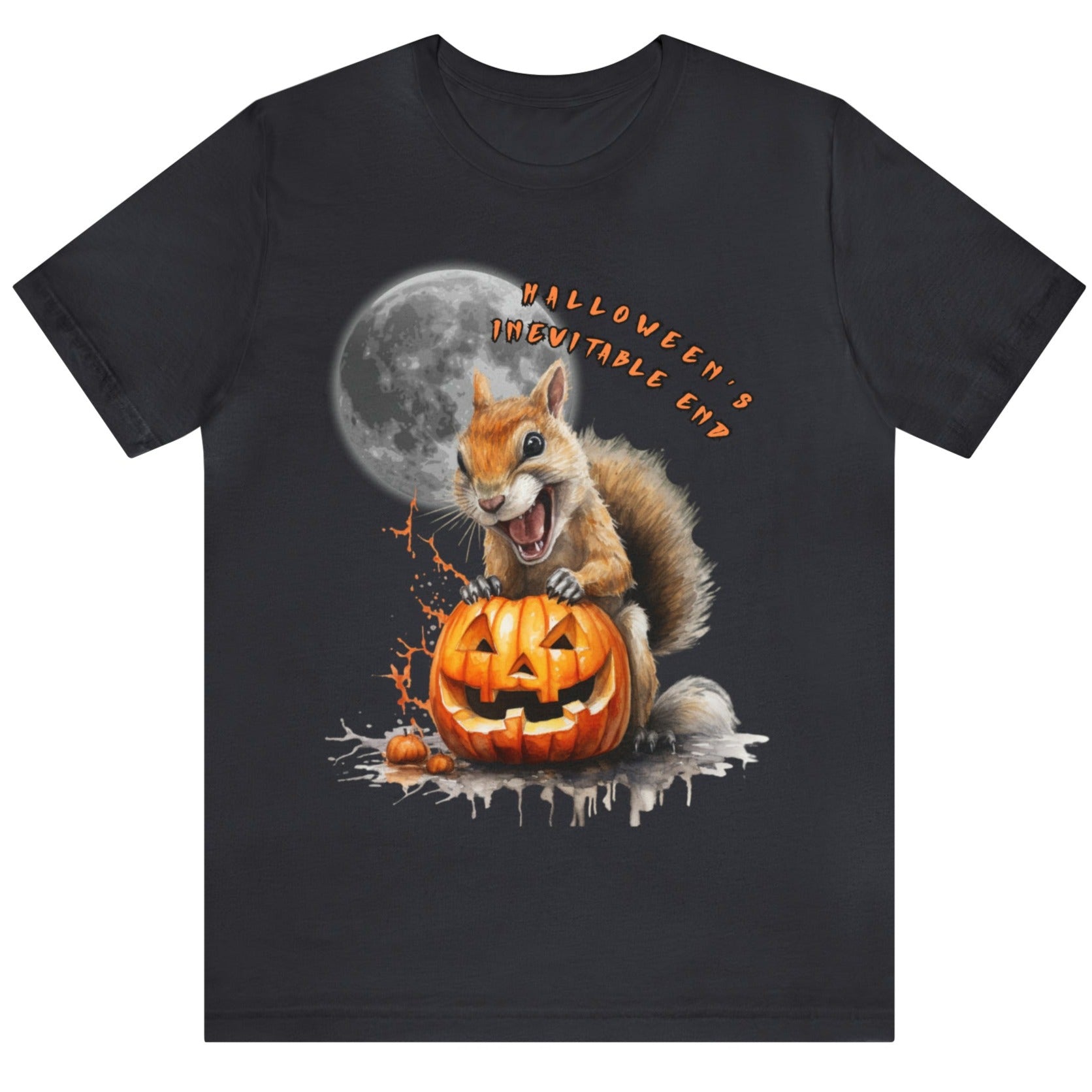 Dark grey version of our 'Halloween's Inevitable End' Squirrel Feast graphic tee featuring a squirrel feasting on a jack-o'-lantern under the moon. It will bring a smile to anyone who sees it. Wear it Halloween parties or in the aftermath of Halloween.