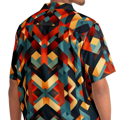 Back view of man in our 'Slanted Spectrum' Hawaiian shirt featuring a striking geometric pattern of angled rectangles in a variety of colors. Perfect Father's Day gift, birthday gift, or holiday gift for sons or dads alike. Grab yours now!