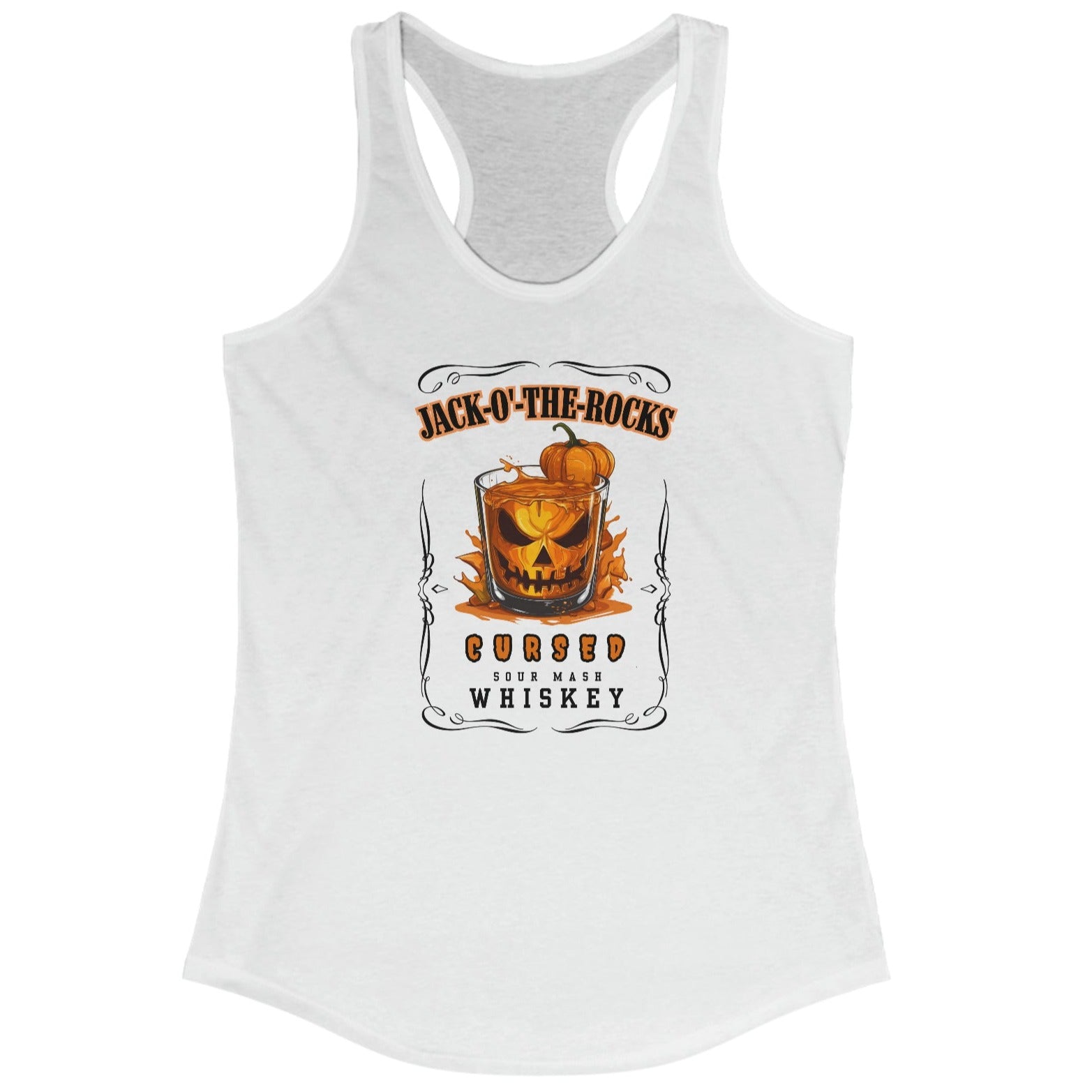 White Halloween Jack Whiskey Label Tank with Jack-o-the-Rocks title over a jack-o-lantern submerged in a lowball glass with filled with whiskey. The bottom of the label reads "Cursed Sour Mash Whiskey."