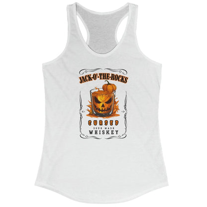 White Halloween Jack Whiskey Label Tank with Jack-o-the-Rocks title over a jack-o-lantern submerged in a lowball glass with filled with whiskey. The bottom of the label reads "Cursed Sour Mash Whiskey."