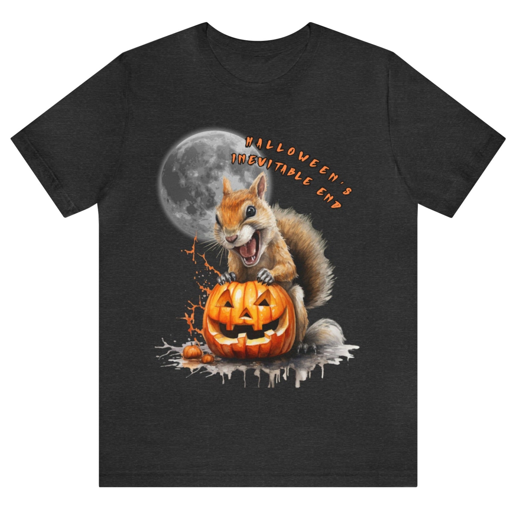 Dark grey heather version of our 'Halloween's Inevitable End' Squirrel Feast graphic tee featuring a squirrel feasting on a jack-o'-lantern under the moon. It will bring a smile to anyone who sees it. Wear it Halloween parties or in the aftermath of Halloween.